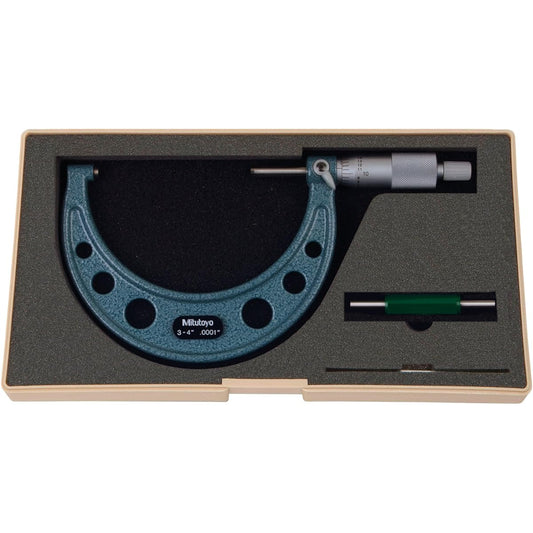 Mitutoyo 103-218 outer micrometer baking enamel finish ratchet stop range 3-4 inch scale 0 inch accuracy +/- 0 inch
