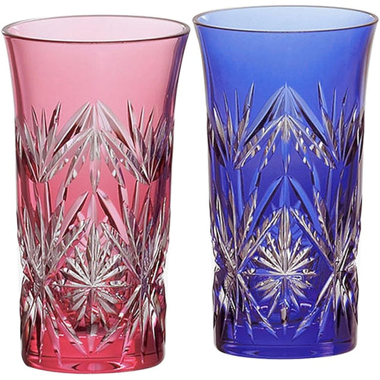 Kagami Crystal Pair Single Bite Beer Glass Red Blue 120cc Edo Kiriko Bamboo Leaf with Star Pattern #2824