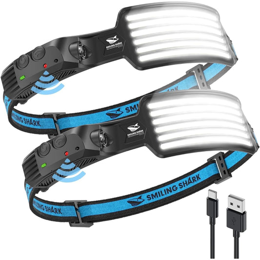 TD-0123 Smiling Shark Rechargeable LED Headlight, 2023 Model, PSE & White Light 2-Piece Set, USB Chargable, 6x High Brightness Outdoor Headlamp, 230° Wide Angle Lighting, Light Collecting, Ultra