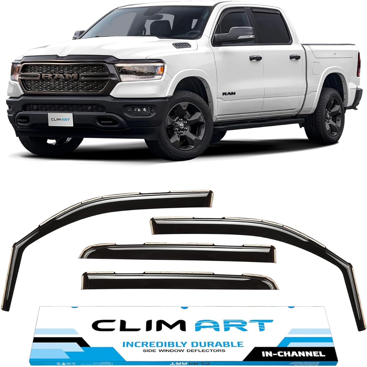 CLIM ART Inchannel Inchannel Very Durable Rain Guard Dodge Lamb 1500 2019-2023 Original Window Di -FLECA Vent Dimp Deflet Vent Window Viser Dark Square Track Accessories 4-619006LP