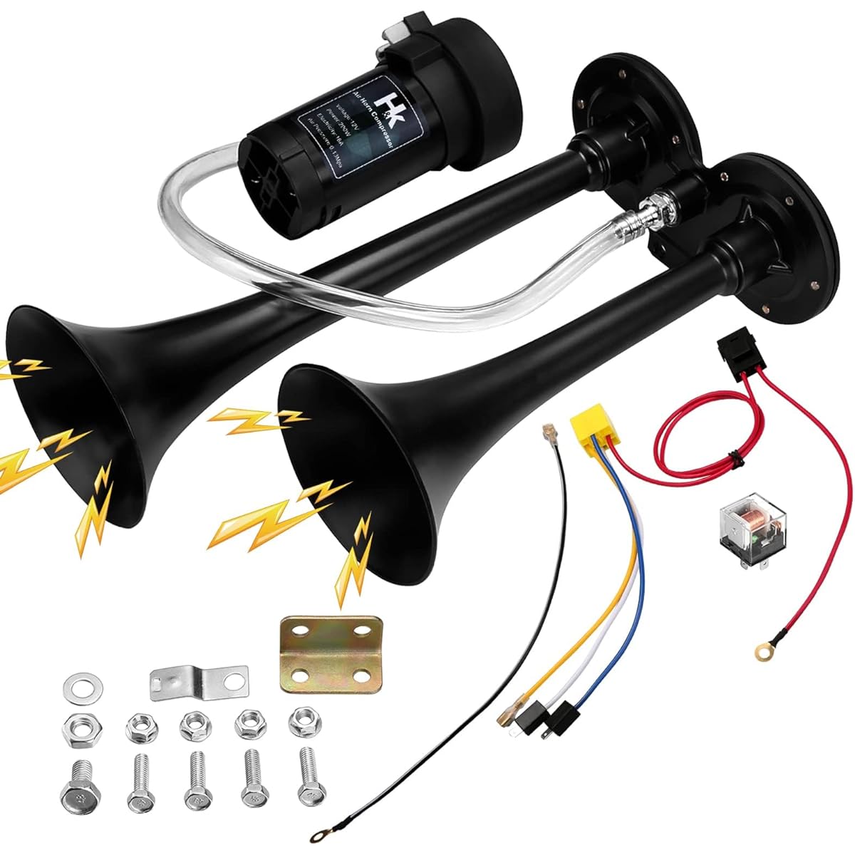 HK 12V 150DB Cars Super Loud Duart Lumpet Air Horn Kit with Compressor 12V Rolling Track Train Boat Car Bankit (Black)