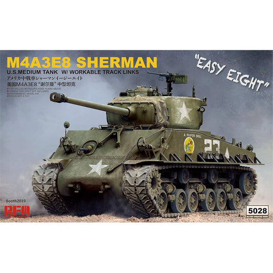 Ryfield Model 1/35 US Army M4A3E8 Sherman Medium Tank Easy Eight w/Movable Track Plastic Model RFM5028
