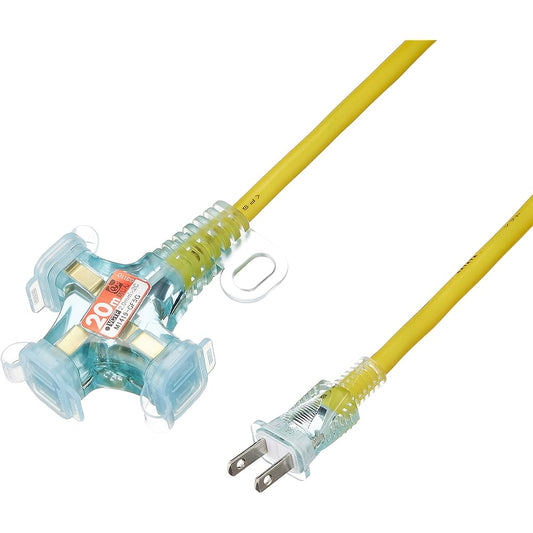 HATAYA 2P Extension Cord, For Indoor Use, Cord 20m, Thickness 2.0㎟, 3 Outlets, Outlet Dustproof Cap, Built-in Pilot Lamp, Extra Band Included, For Home Use, Factory Use, Construction Sites, SX Extension Cord SX-203(Y) Lemon Yellow
