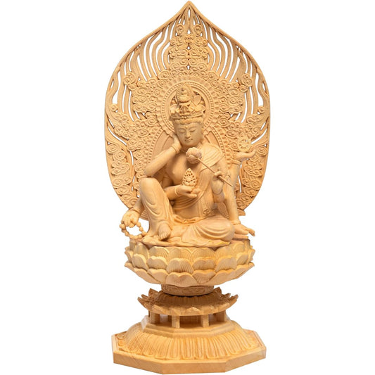 Hanro Art Sculpture Buddha Statue Nyoirin Kannon Bodhisattva Cypress Wooden Amulet, Good Luck, Protection, Prosperity, Blessing (Height 28cm x Width 12cm x Depth 12cm) (Log)