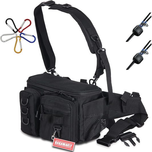 HAKAWAFLY Fishing Bag, Wide Mouth, Large Capacity, Waist Bag, Wide Fishing Bag, 5-Way Tackle Bag, Waterproof, Hip Bag, Multi-functional, Detachable/Left/Left-Left Shoulder Bag, Pad Type, Water Repellent Finished, Includes 2 Rod Holders and 5 Carabiners