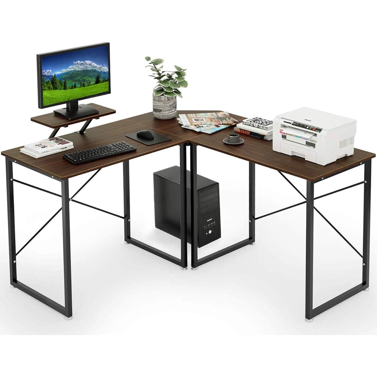 DEWEL Corner Desk, Width 130, L-Shape/Single-Shape, 2-Way Type, Gaming Desk, For Telework, Computer Desk, Office Desk, Monitor Stand Included, Wood Grain Pattern, Free Footprint Design, Anti-Wobble, Brown 130X130X75cm