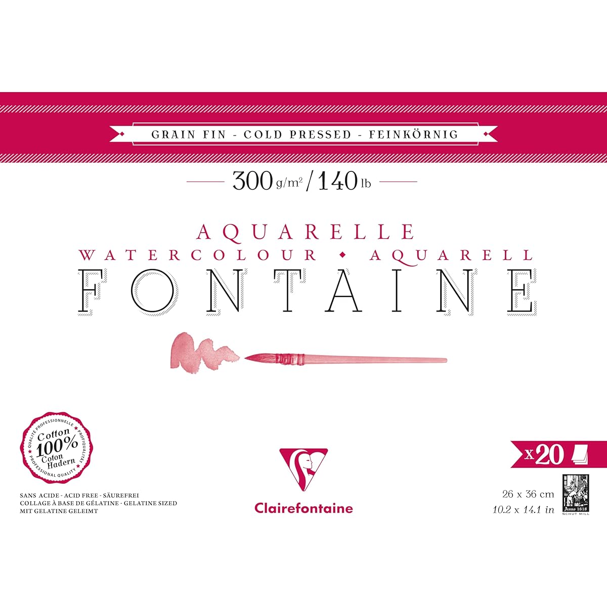 Clairefontaine Watercolor Paper [Fontaine] Medium Grain 26 x 36 (20 sheets) Block Drawing Paper Extra Thick 300g Clairefontaine cf975501