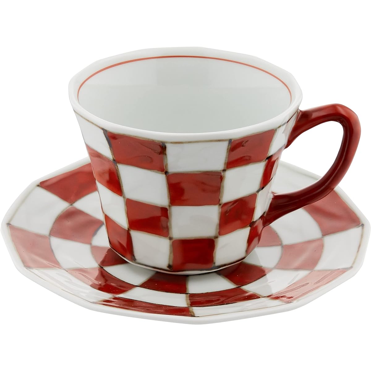Hamata Arita Ware Sota Kiln Checkered Pattern Coffee Cup & Saucer Red Chamfer 60th Birthday Respect for the Aged Day Present 301971