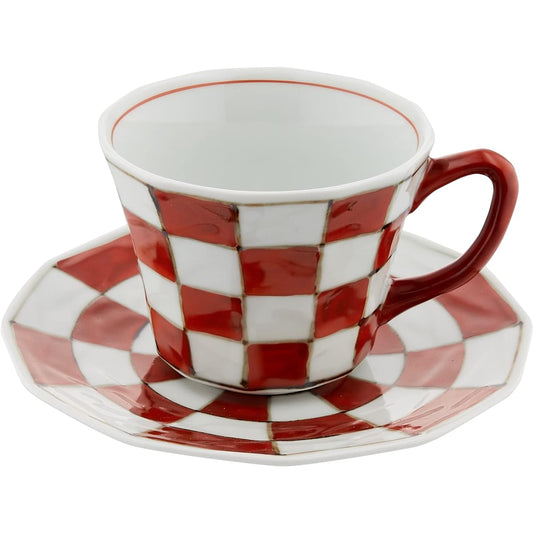 Hamata Arita Ware Sota Kiln Checkered Pattern Coffee Cup & Saucer Red Chamfer 60th Birthday Respect for the Aged Day Present 301971