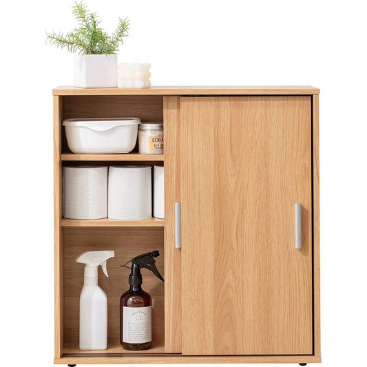 Hagihara Toilet Rack Storage Slim Washroom Storage Door Shelf with Handle Sliding Door Thin Compact Width 59 x Depth 19.5 x Height 61 Natural RTR-1138NA