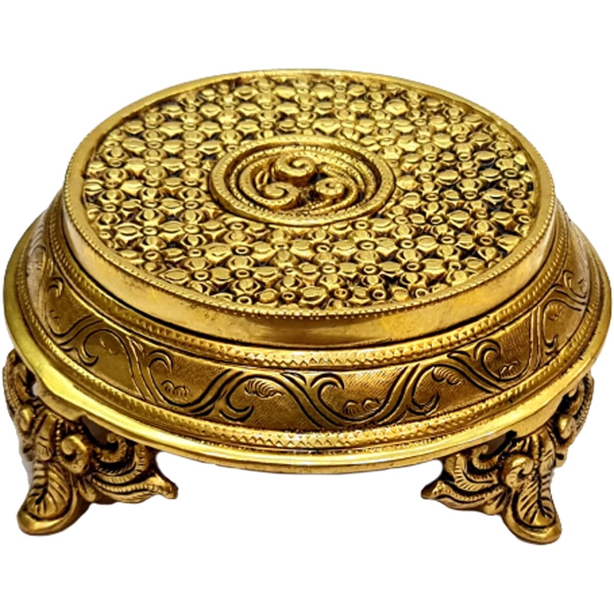 ESPLANADE Brass Decoration Round Puja God Stool | Brass Chowki | Home Decor Sitting Table 7 Inch Medium Gold