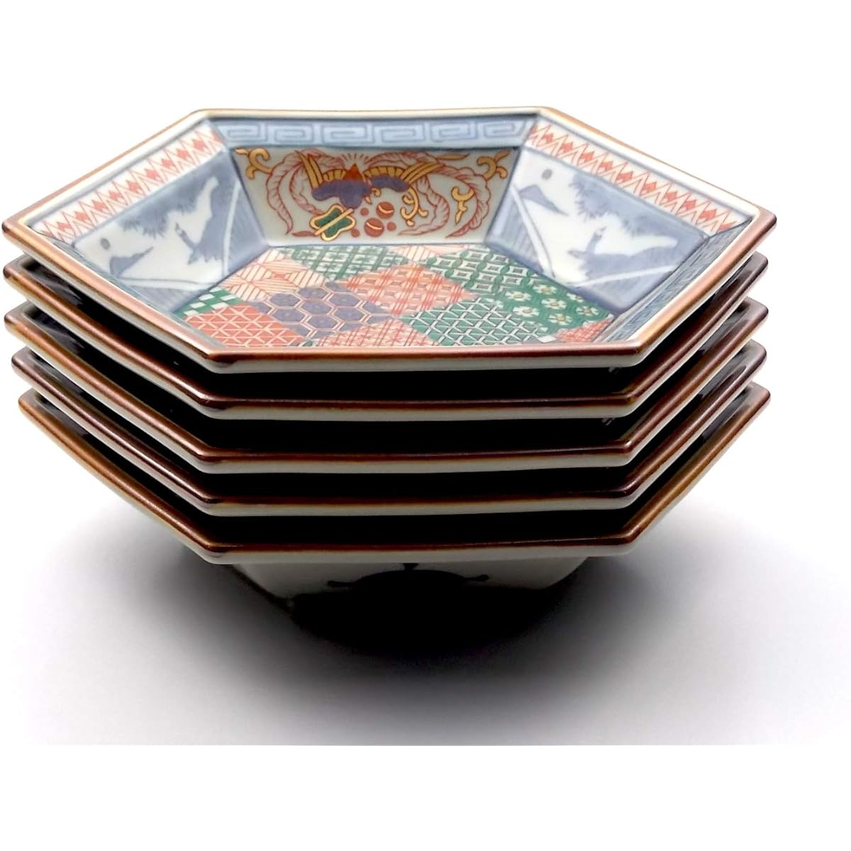 Rinkurou kiln Old Imari style dyed nishikiji monsansui hexagonal Japanese plate set of 5 Hasami ware