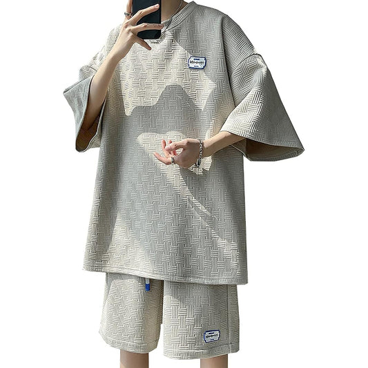 [ANGELCITY] Summer Setup Men's Large Size Sweat Jersey Short Sleeve Short Pants Top and Bottom Set T-Shirt Shot Pants 2 Piece Set Sportswear Room Wear Summer Clothes Training Sports Stylish L951