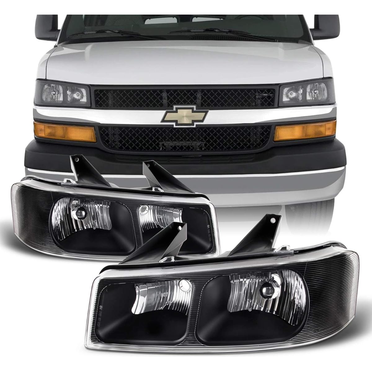 03-21 Chevrolet Express | GMC Sabana 1500 2500 3500 Black housing headlights (upper) lamp left and right set US specifications