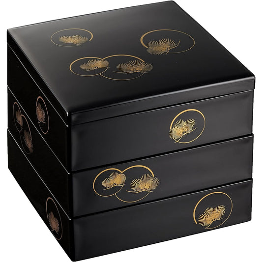 Maeju lacquerware, box, three tiers, halo pine, black, gold, traditional craft, Yamanaka lacquerware, 21cm, square, for 4 to 5 people, made in Japan 7R-603