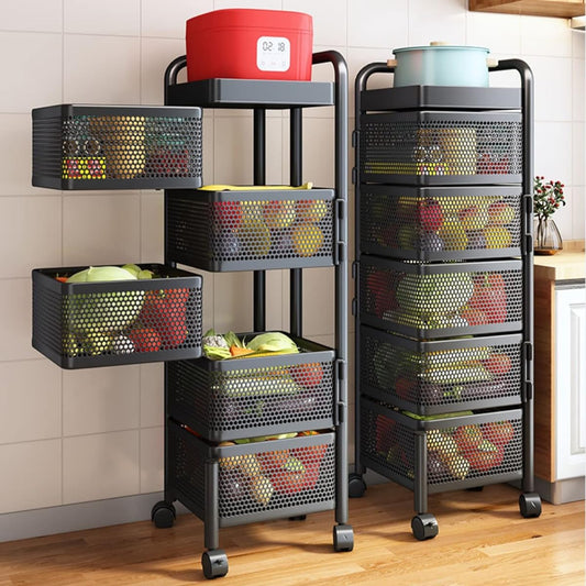 DAIWIN Kitchen Wagon Cart, Seasoning Rack, Storage Wagon, Mobile, Small Items Storage, Basket Rack, Kitchen Storage Cart, Rotating Side Rack, with Casters, Mesh, Easy to Assemble (5 Tiers)