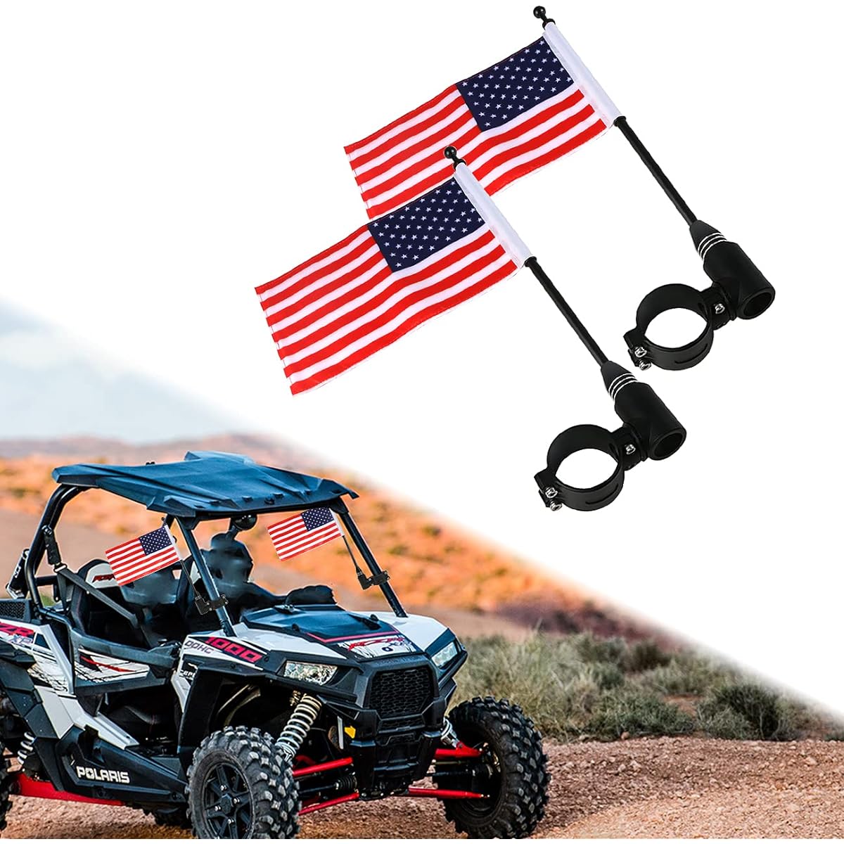 PLUSUTV High Endurance Flag Paul Holder 2 pieces 360 ° Adjustable Bracket mount Polaris RZR RANGER CAN AM 1.75-2 Intilor Bar Flag Pole Set US flag Black aluminum alloy