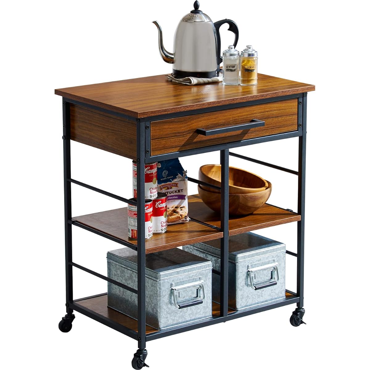 Hagihara Kitchen Wagon Rack, Melamine Top, Casters, Drawers, Movable Shelf, Width 60, Brown, 1 unit LW-4530BR