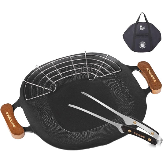 [2024 New Arrival] Multi Griddle Iron Plate BLACK DOG Direct Fire/Gas/IH/Compatible, Diameter 43cm, Lightweight, Easy to Clean, No Seasoning, Non-Stick, Solo Camping/Yakiniku Plate/Outdoor/Camping/Home/BBQ Supplies (Oil Rack) + Tongs + wooden handle + sp