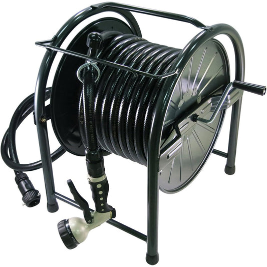 Hinode Kasei Steel Reel Set with 30m Pressure Agricultural Hose 15x20mm Black