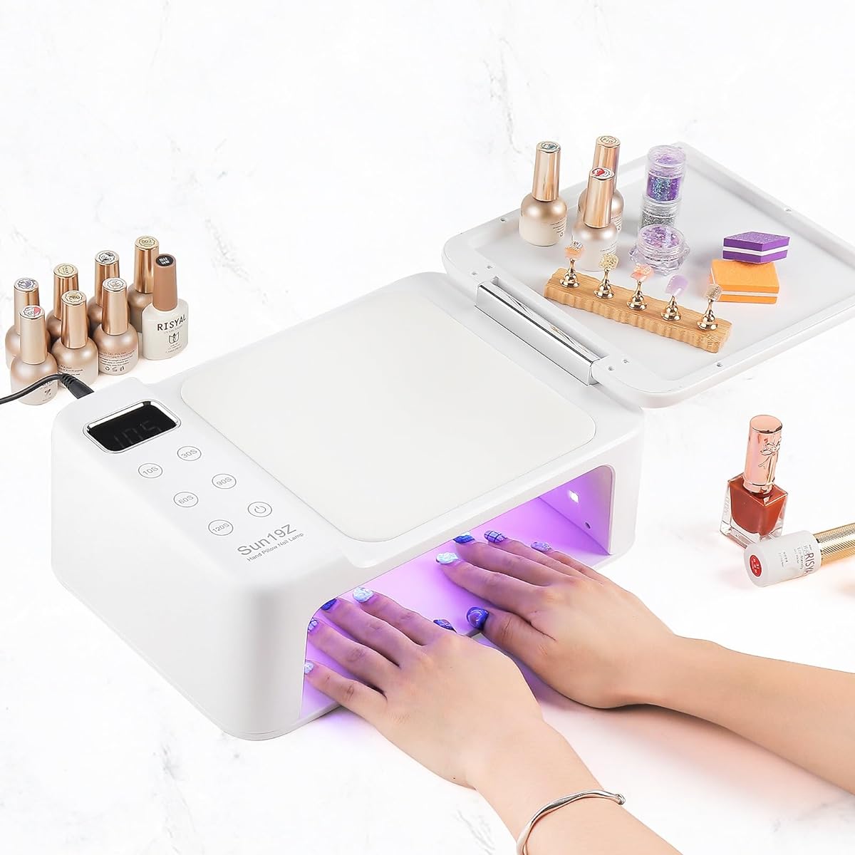 [New arrival in 2024] Gel nail light LED & UV nail lamp Multi-functional folding panel PU hand pillow 180W power Fast curing light Motion detection sensor 5-step timer Applicable to fingernail gel and resin art Gel nail light Japanese instruction manual