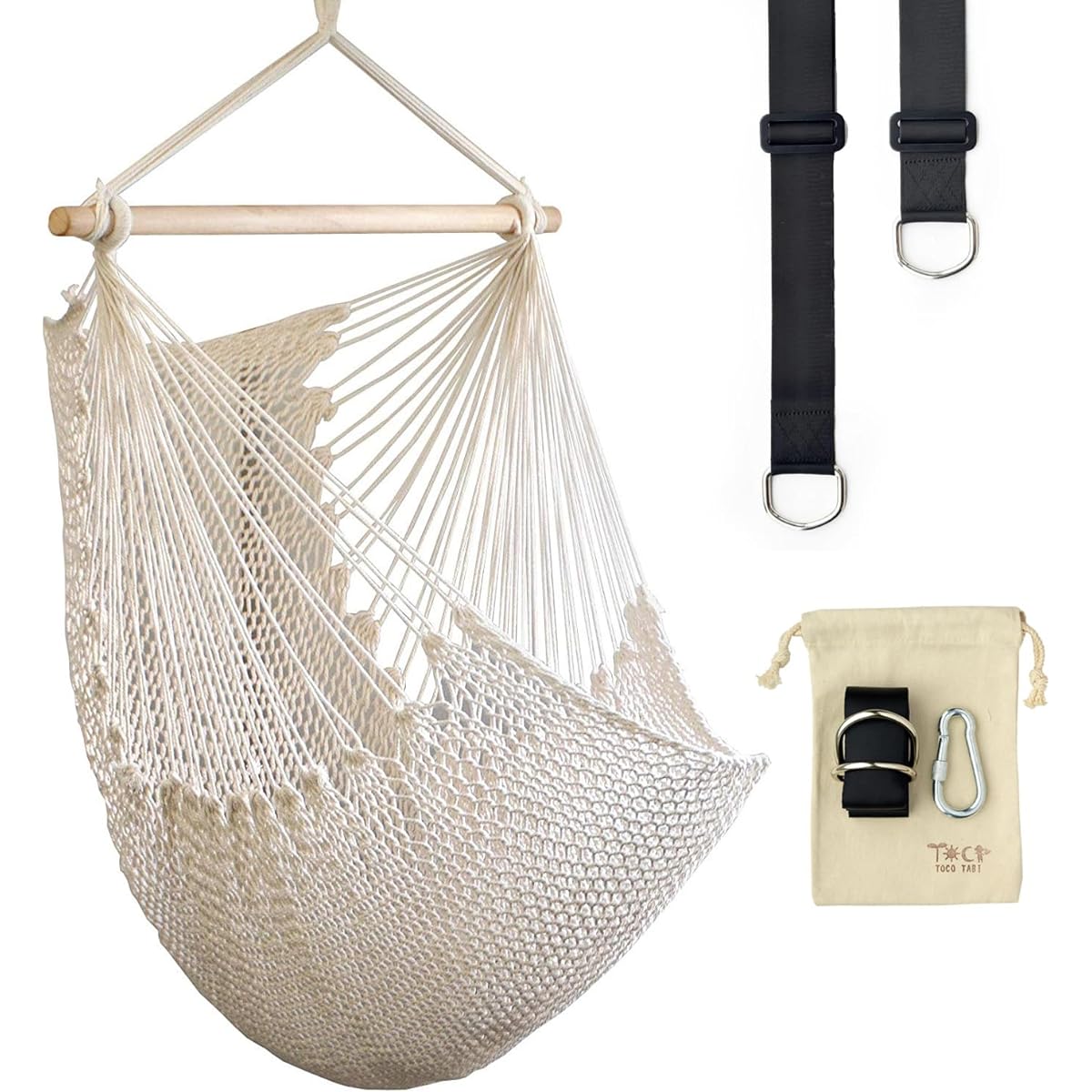 TOCOTABI Cradle of Bliss Chair Hammock for 1 Person Cotton Hanging Nylon Belt Steel Carabiner (Length 90cm, Adjustable Belt Length)
