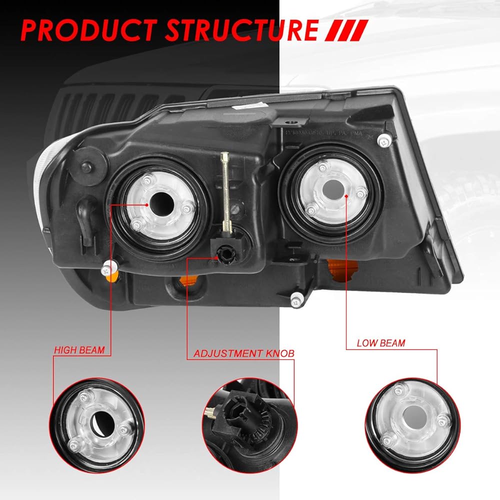 Auto Dynasty Pair Black Housing Amber Reflector Left+Right Headlight Lamp Geep Grand Cheroke WJ 99-04 compatible