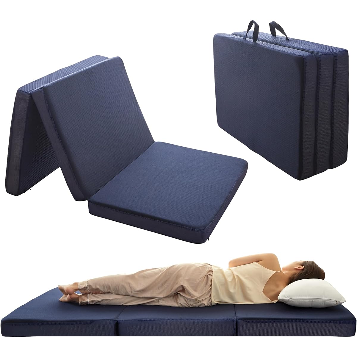 Mensu Mattress Single, High Resilience, Extra Thick 10cm, Hard 210N, High Density 25D [Usable for over 12 years] Tri-fold, Foldable, Reversible, Pile Mesh, Washable Cover, Antibacterial and Odor Resistant, Bed Mat, Futon, Firm Comfort, 97 x 195 cm, Navy