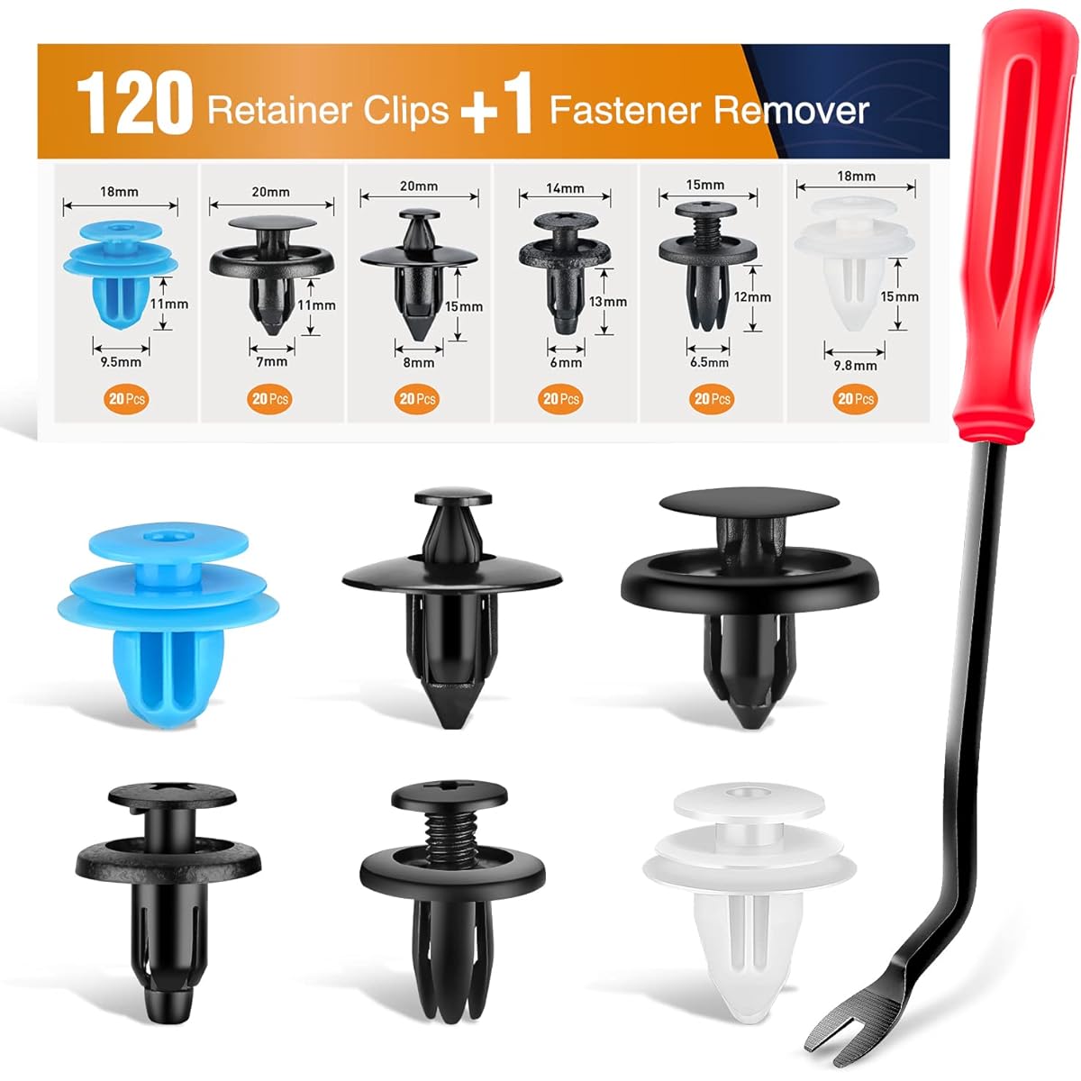 GOOACC 120PCS Car Bumper Retainer Clips & Nylon Fasteners Rivet Kit Door Trim Panel Clips Bumper Push Rivet Clips for Toyota 6mm 6.5mm 7mm 8mm 9.5mm 9.8mm, 1PC Fastener Remover