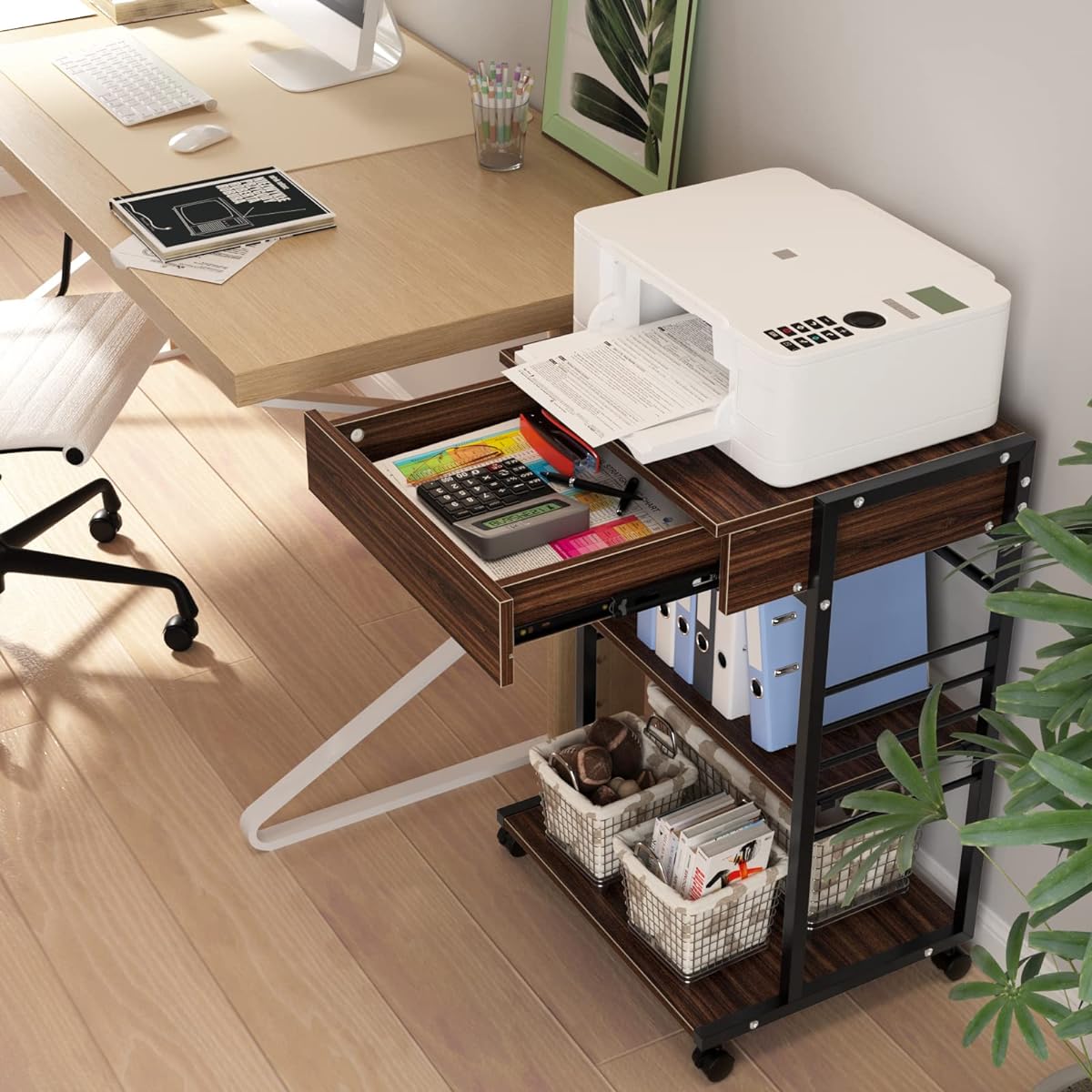 DE WEL Multifunction Machine Rack with Wheels, 3 Tiers, Middle Shelf Adjustment, Width 19.7 inches (50 cm), Depth 15.7 inches (40 cm), Desktop & Desk Base, 5 Levels of Height Adjustable, A4 File