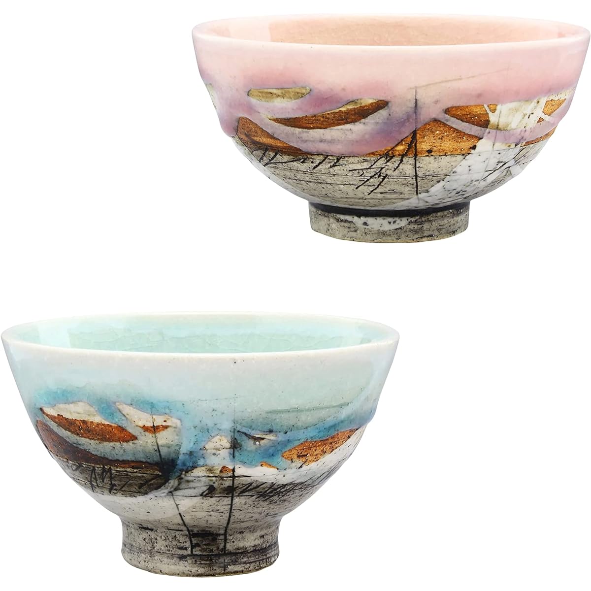 Mino Ware "Hideki Hayashi" Line Engraved Rice Bowl, Tea Bowl, Approximately 12cm Diameter, Tableware Pair Set, Set of 2 (Blue/Peach), Made in Japan, 119-0022p