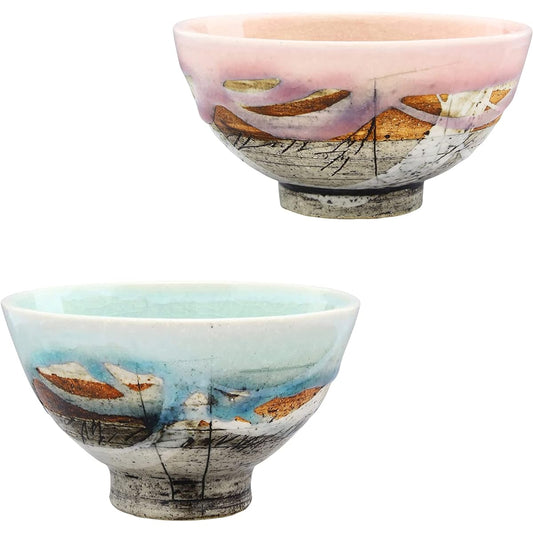 Mino Ware "Hideki Hayashi" Line Engraved Rice Bowl, Tea Bowl, Approximately 12cm Diameter, Tableware Pair Set, Set of 2 (Blue/Peach), Made in Japan, 119-0022p