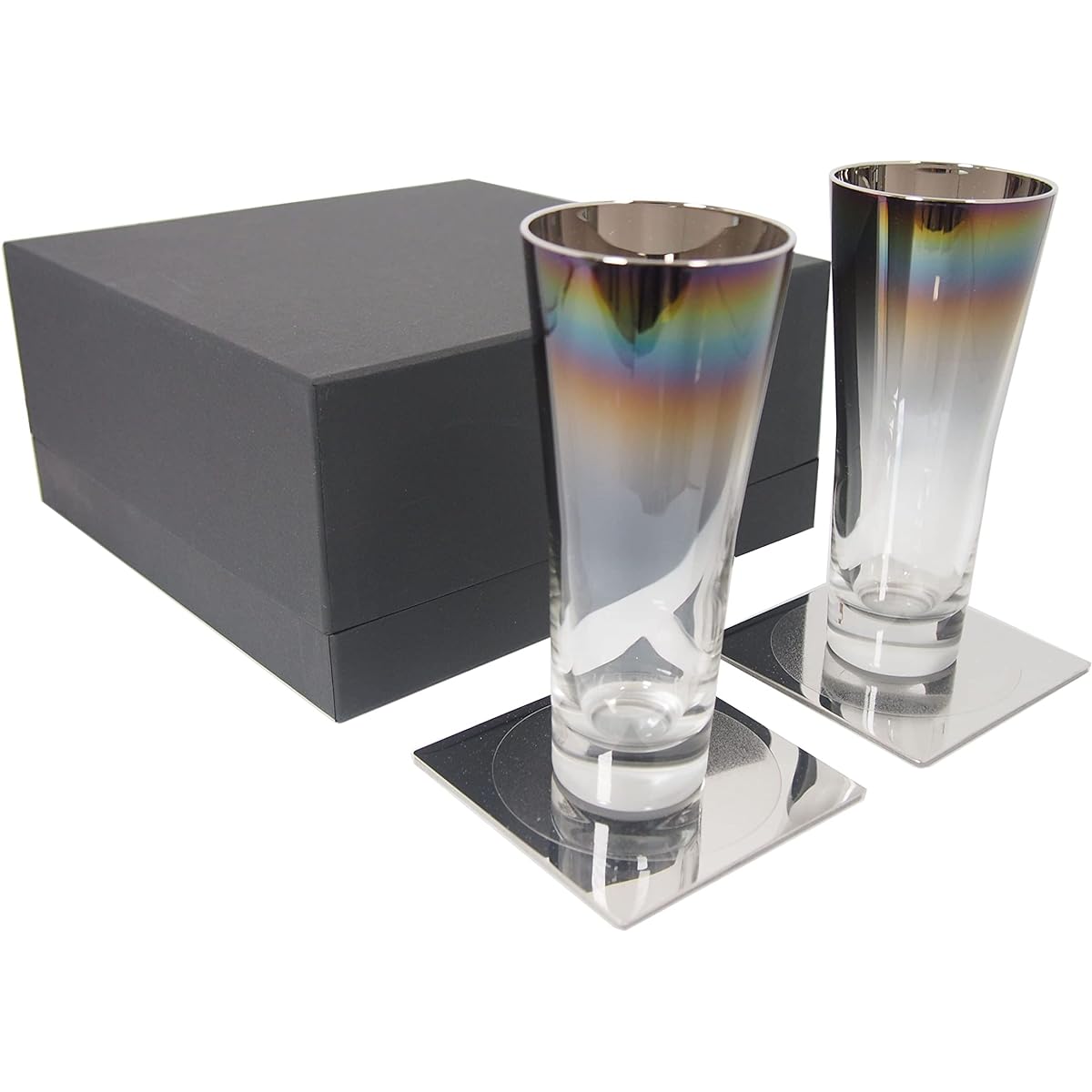 PROGRESS Made in Japan Old SunFly Titanium Coated Pair Glass Rock Wine Whiskey Present with Coaster Infinite Marriage