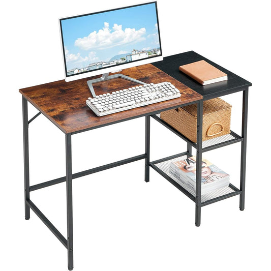 Aibiju Computer Desk Width 100 x Depth 50 x Height 75cm PC Desk with 2 Adjustable Storage Shelves Study Desk Gaming Desk Stable Metal Frame Sturdy and Easy to Assemble Load Capacity 100kg Rustic Brown JP-TMJ32SHB