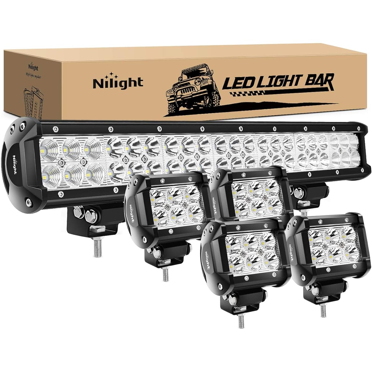 NILIGHT 20 inch 126 W Spot Flood Combo LED Light Bar 4 pieces 4 inch 18 W Spot LED Pod Foglight for Geepranger Boat Truck Truck Truck Trailer Off Road, 2 Year Warranty