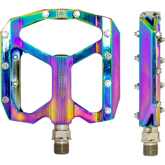 GORIX Pedal Bicycle Flat Pedal Oil Slick Aluminum Lightweight CNC Machining Anti-Slip Spike Pin Wide Width (GX-FY001) Stylish Road Bike Cross Bike MTB Pedal Replacement Bicycle Pedal