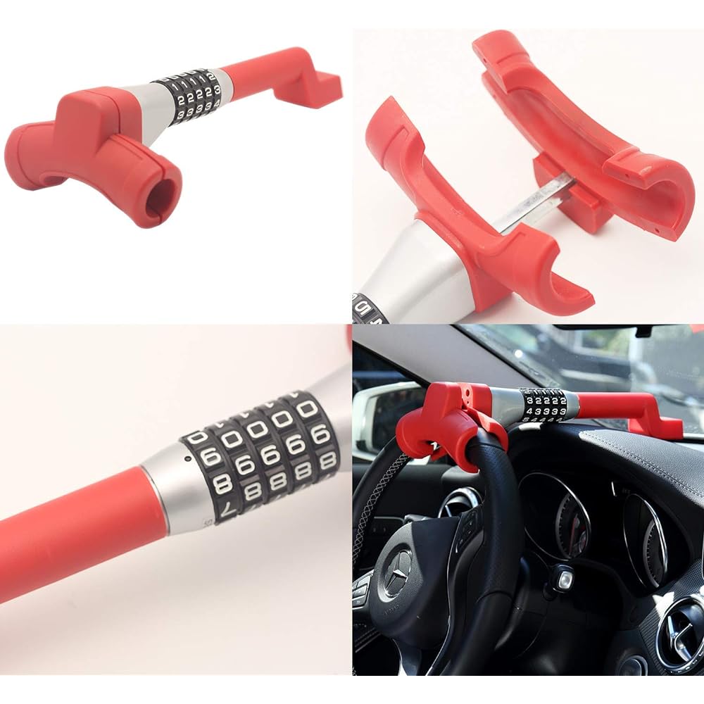 [Mail Cochon] Handle Lock, Steering Lock, Car Security, Automobile, Anti-Theft, Crime Prevention, Dial Type, Easy Installation, Red