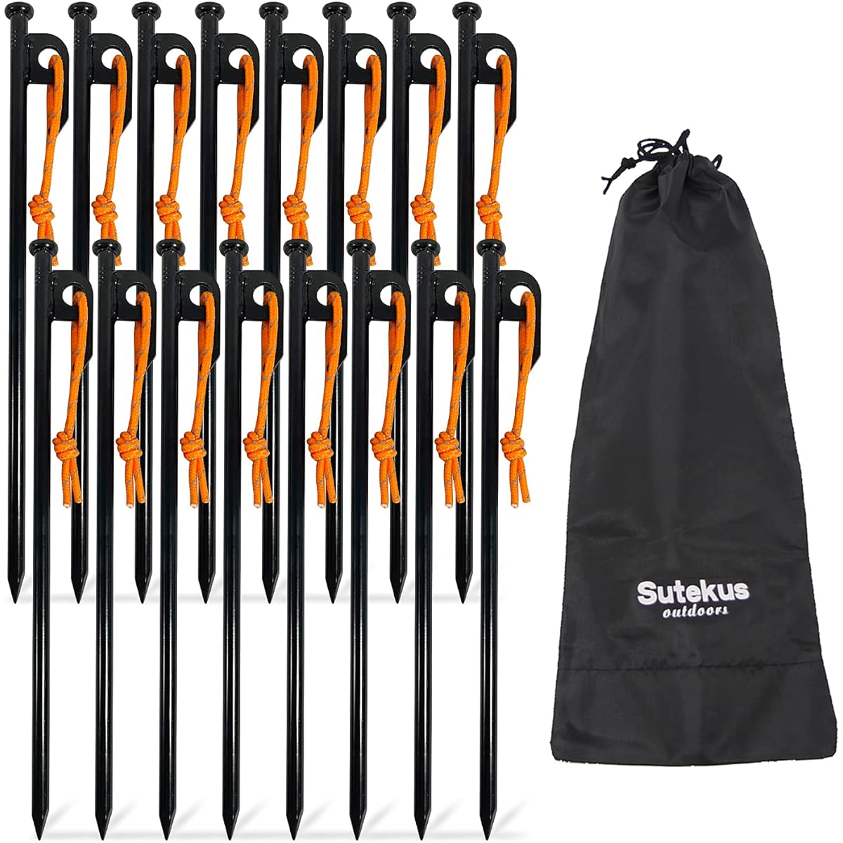 Sutekus Tarp Tent Peg Stake 30cm Camping Equipment Storage Bag Included (Set of 16 with Strings)