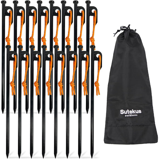 Sutekus Tarp Tent Peg Stake 30cm Camping Equipment Storage Bag Included (Set of 16 with Strings)