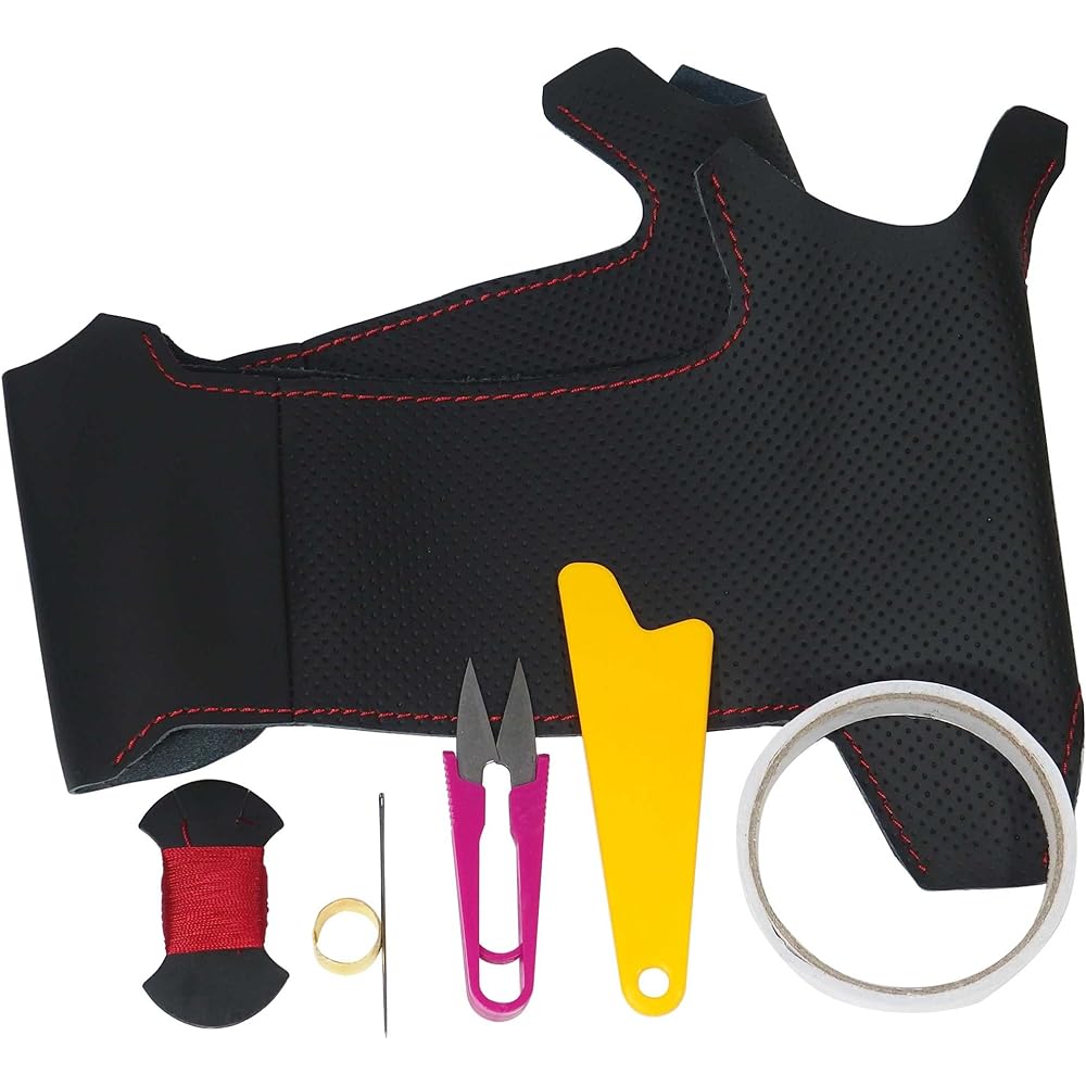 Tricolore EX Hustler Wagon R Alto Spacia Every Black leather x red stitch 1S-20 DIY steering genuine leather rewinding kit 1BS1S20B2B1R