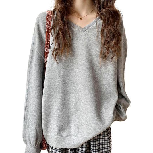 [GlamollaMisse] Women's Sweatshirt, Tops, Long Sleeves, Layered Style, Cotton, 2 Types, Round Neck, V-Neck, Cut and Sew, Warm, Loose, Plain, Cotton, Soft, Cute, Stylish, Slimming, Body Coverage, Casual, Commuting, Office, Fashion, Everyday, Spring, Autum
