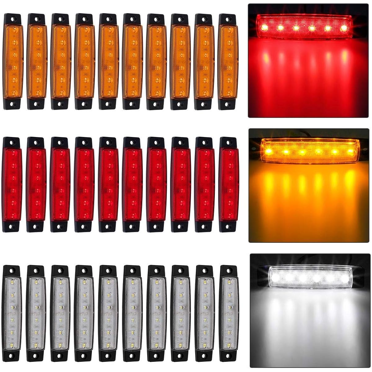 PARTSAM 30 pieces 3.8 inch slim 6LED Marker Clearance Light Indicator Track Truck Track Track Truck Truck for Camper Auto Tractor Pickup (Red 10+10 Amber+10 White)