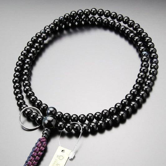 Nenju.com Soto Zen Buddhist Prayer Beads for Men, Shakuni Ebony (Glossy), Blue Tiger Eye Stone, Genuine Silver Ring, String Bun [Regular Prayer Beads, Zen Sect, Kyoto Prayer Beads, Kyoto, 108 Beads, Two Rows, Tiger Eye Stone, Hawk's Eye, Blue Tiger Eye 2