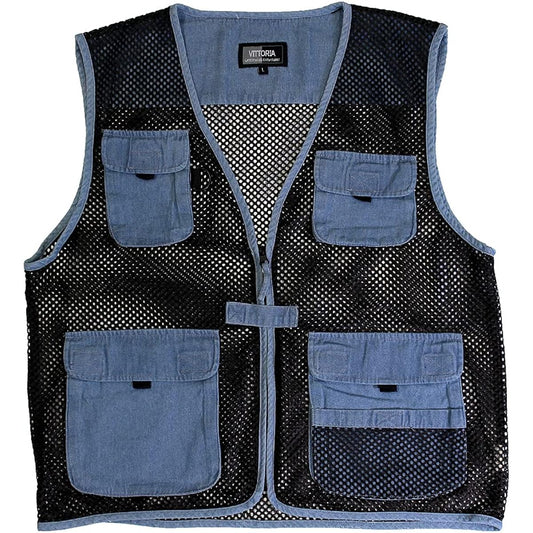 [VITTORIA] Denim mesh vest, lightweight, breathable, heat protection, outdoor, camping, fishing, fishing vest, for photographers, mountain climbing, casual vest