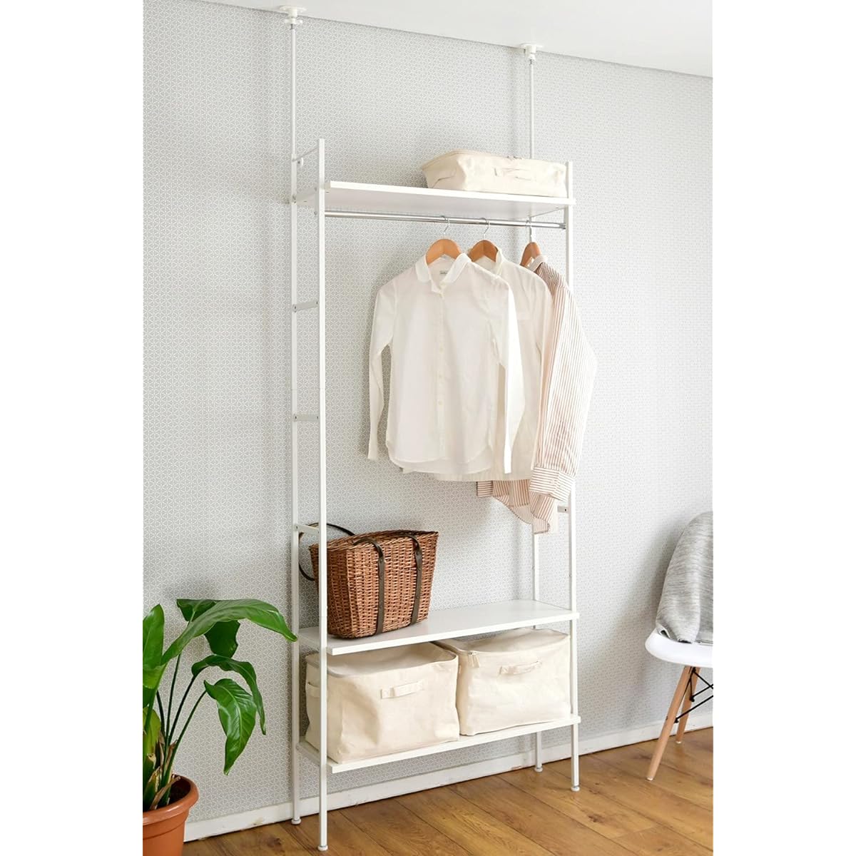 [Yamazen] Tension Hanger Rack, Slim, Sturdy [Overall Load Capacity 80kg] Adjustable Hanger/Shelf Height, Width 84 x Depth 30 x Height 210-260cm, Assembled Product, White RTCS-8030(WH/MWH) Living alone