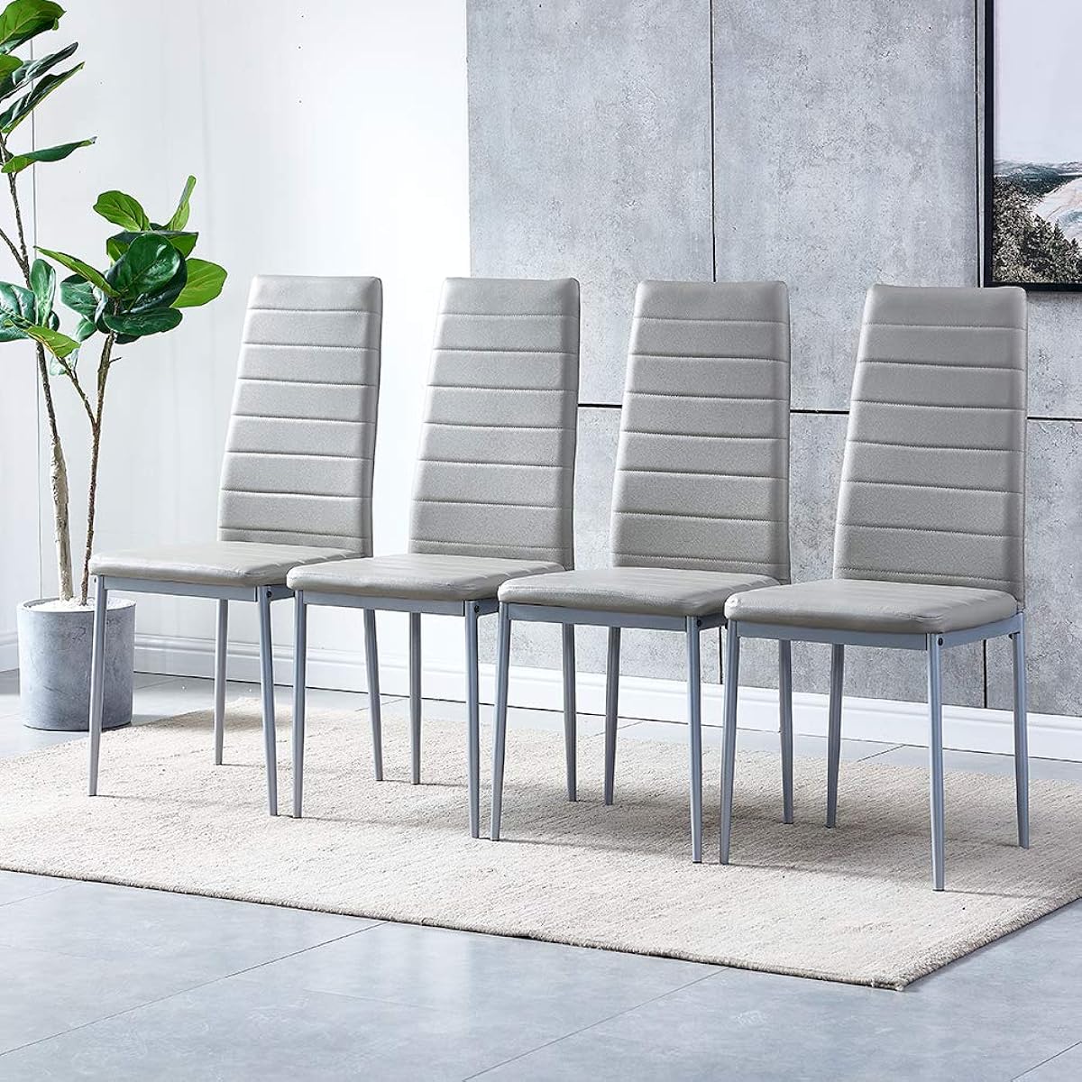 HomeSailing Dining Chair Set of 4 Height 96cm Seat Height 45cm PU Leather High Back Cushioned Dining Chair Assembly Gray