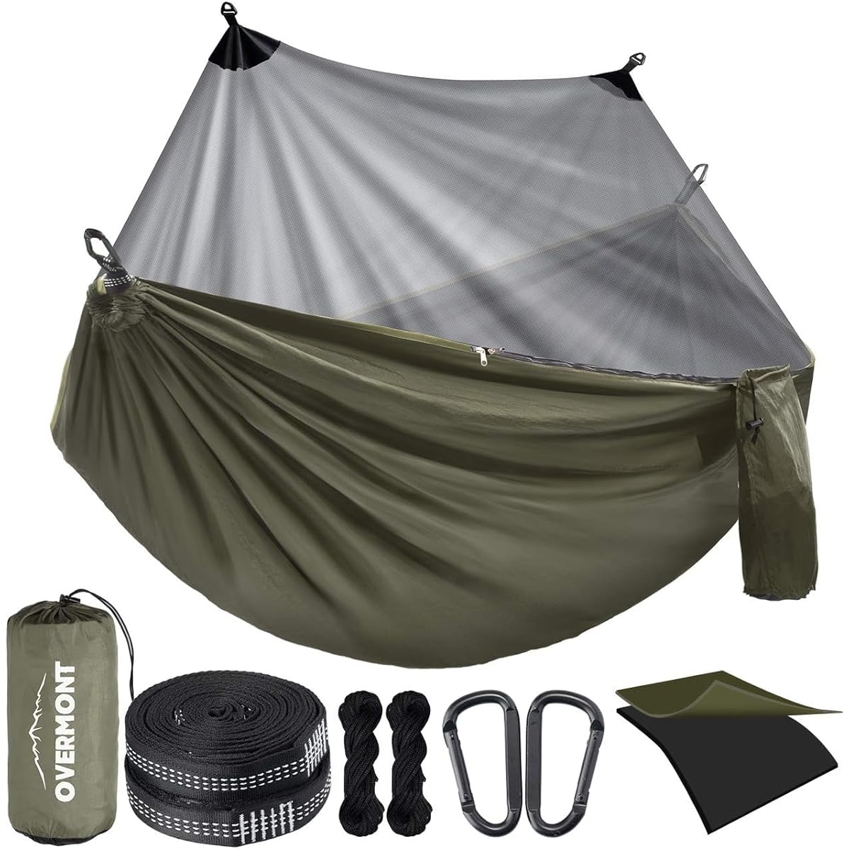 Overmont Hammock with mosquito net, double-layer fabric, double-sided, maximum load capacity 400kg, 18+1 nodes, daisy chain belt, insect proof, parachute tear prevention hammock