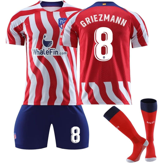 Griezmann Uniform Griezmann Shirt Number 8 22-23 Atlético Madrid Soccer Home Soccer Uniform Adult and Children's Training Wear Bring Your Own Socks Junior Soccer T-Shirt + Shorts Suit (Size : 22)