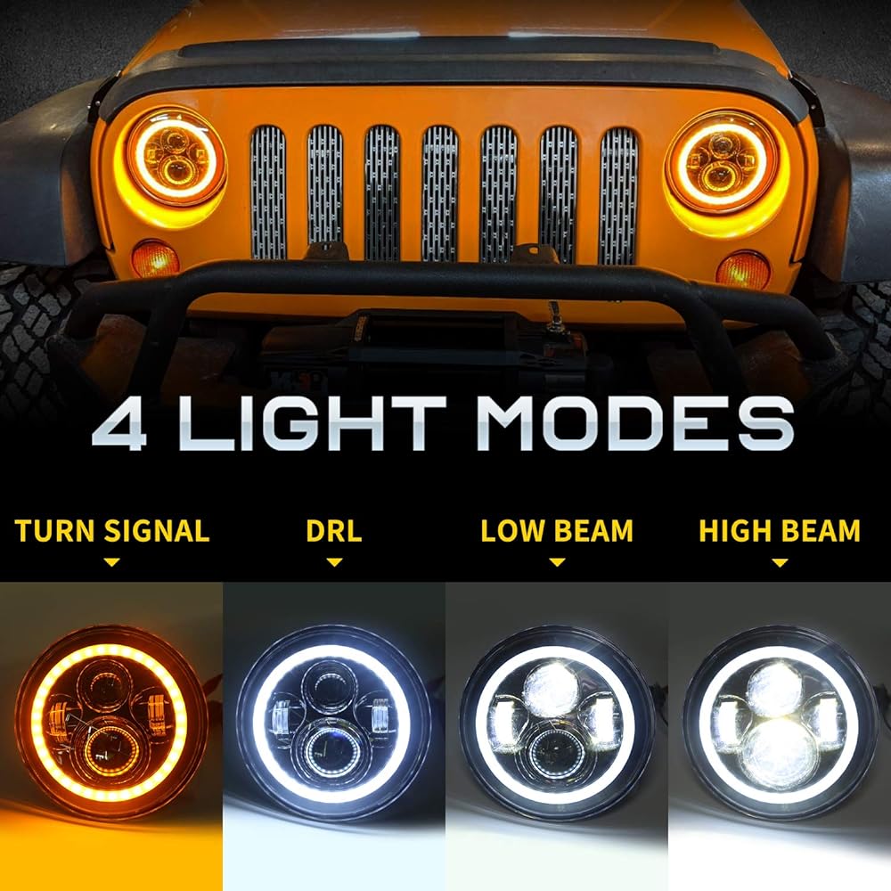 Halo Ring 97-2017 JK LJ Tj for 4" LED Fog Light Jeep Wrangler with White DRL / Amber Turn Signal + 7" Jeep LED Headlight + White DRL