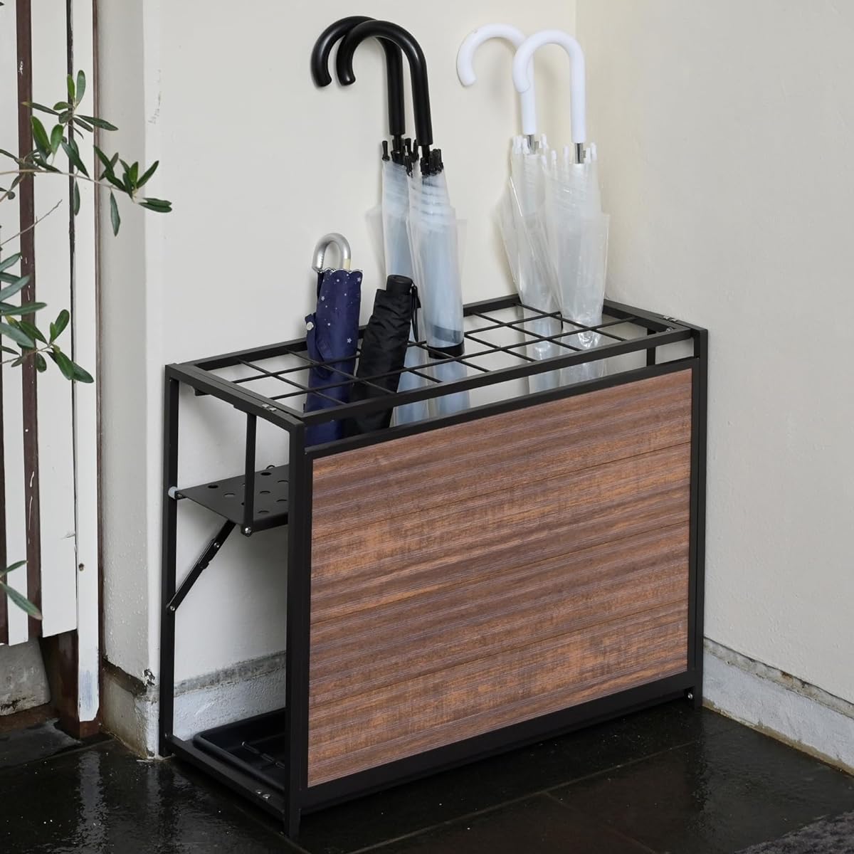 [Yamazen] Umbrella stand, Compatible with folding umbrellas, Lightweight, Foldable [Completed product] Umbrella stand for 24, Outdoor, Width 57.5 x Depth 26.5 x Height 48.5 cm, Removable water tray, Entrance storage rack, Brown KAUR-24(BR)